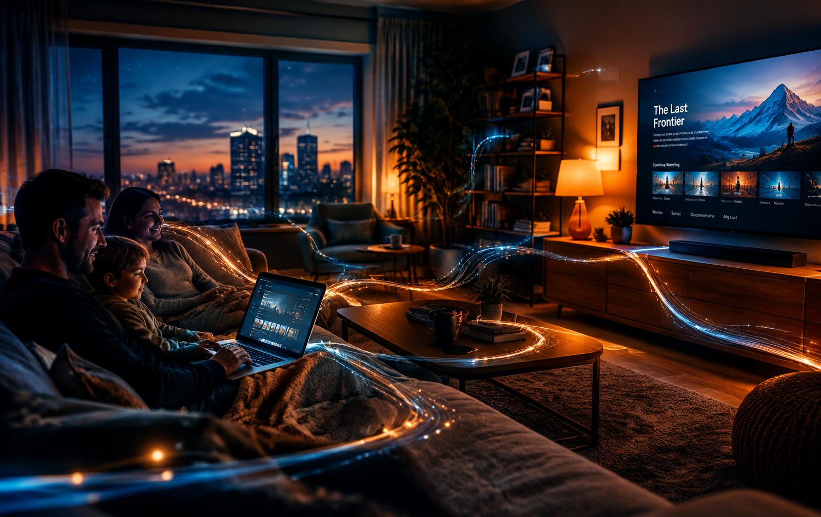 Family streaming and browsing at home in the evening